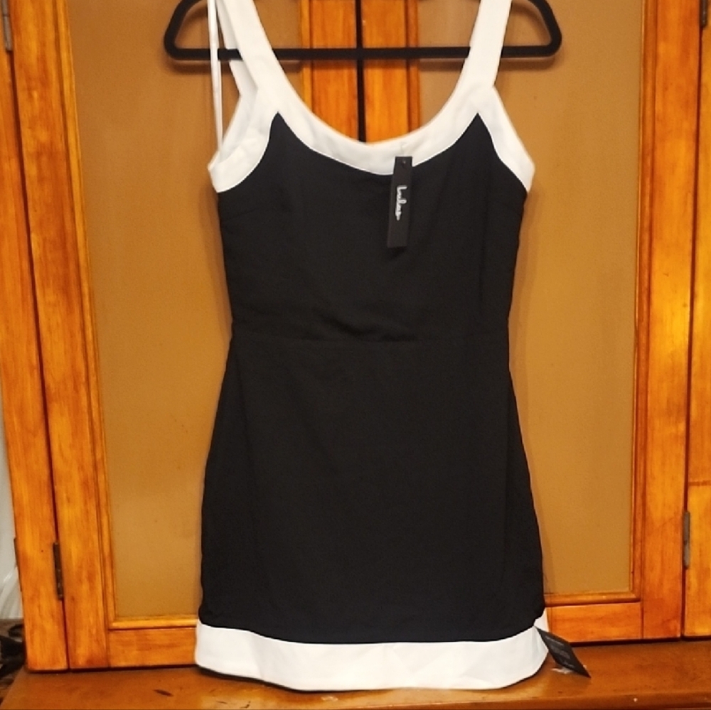Lulu's Elegant Black Mini Tank Dress with White Accents